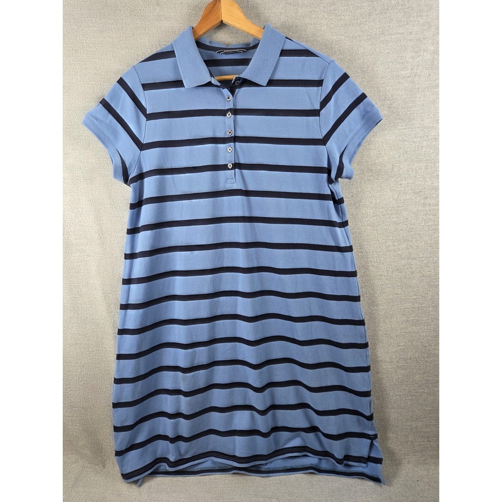 Lands End L Polo Shirt Dress Short Sleeve Blue Stripe Rugby Preppy Henley Collar